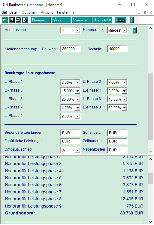 Screenshot Baukosten + Honorar, zur Berechnung der Baukosten und Architektenhonoare