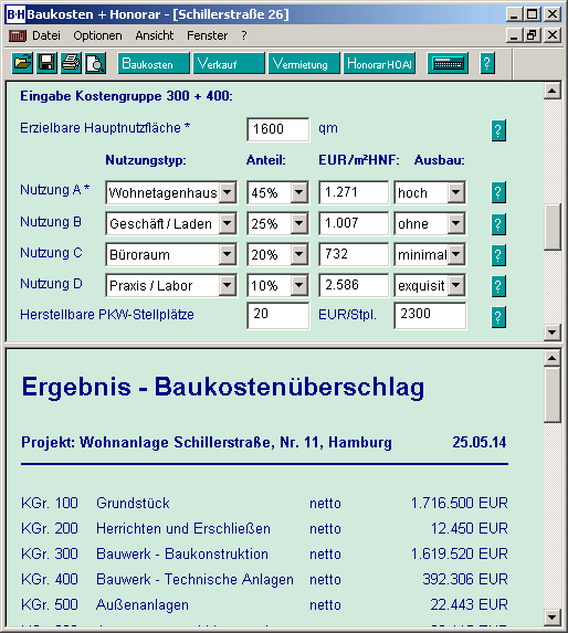 Screenshot Baukosten + Honorar, Software zur Baukostenermittlung