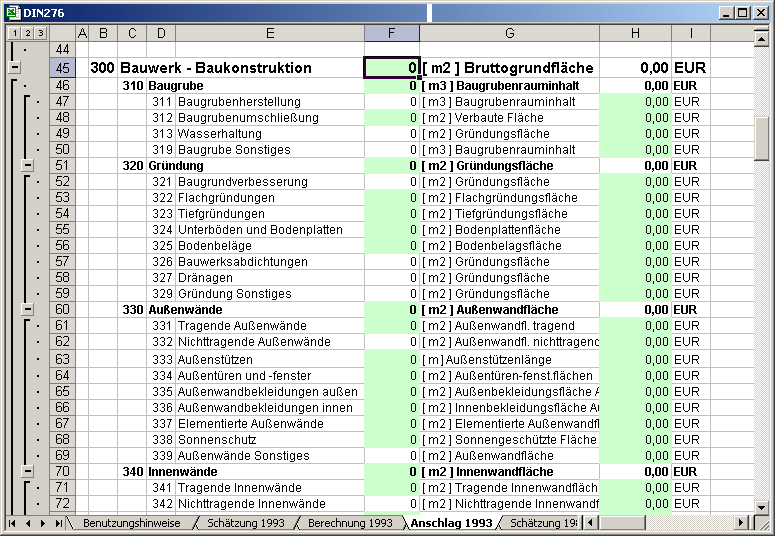 Screenshot Din 276 Baukosten nach Kostengruppen