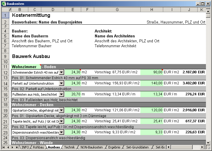Screenshot Baukosten Wohnhaus Software zur detaillierten ermittlung der Baukosten